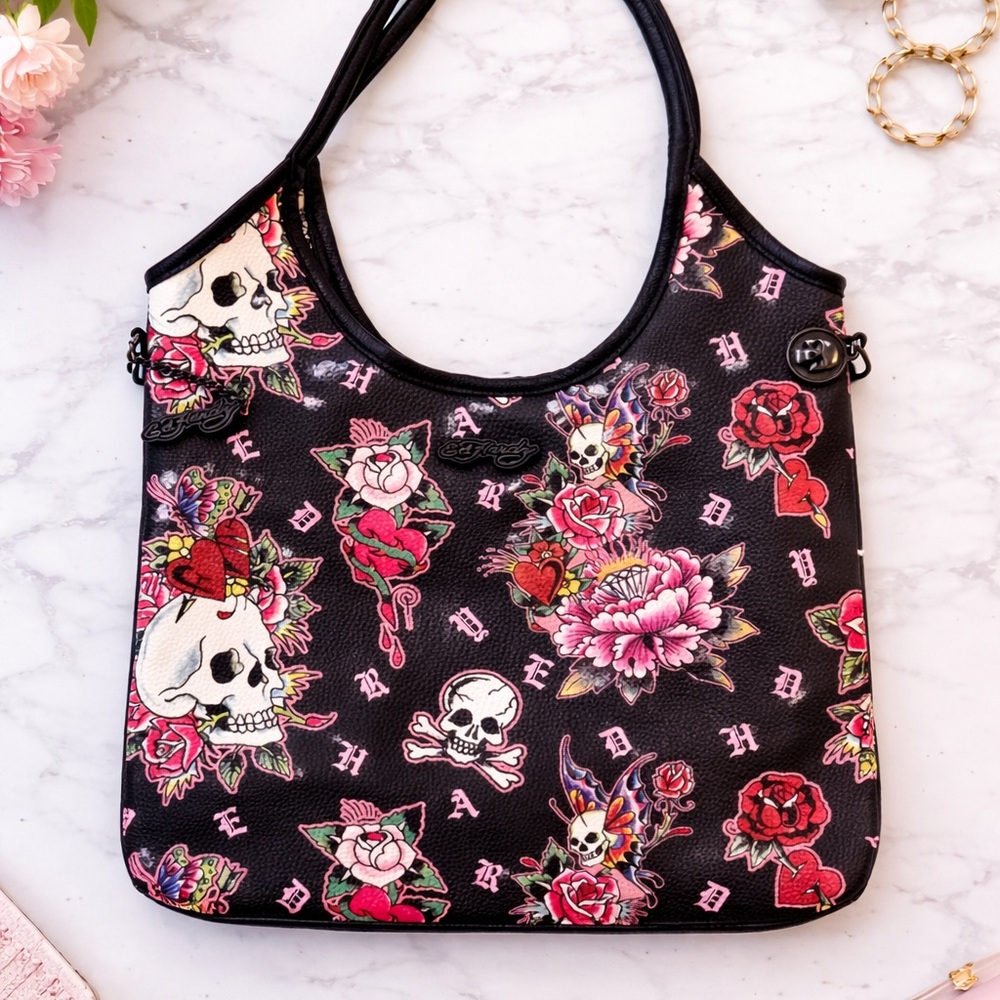 Ed Hardy Floral Skull Print Black Tote Bag